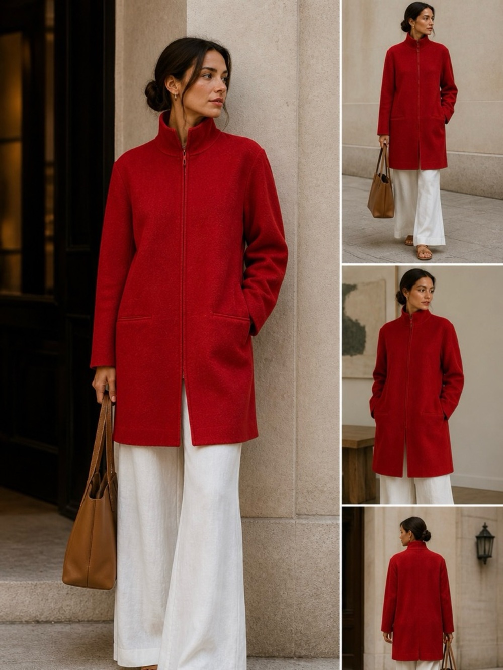 Eileen Fisher Red Wool Coat Zip Front Jacket Minimalist Longline Size Medium